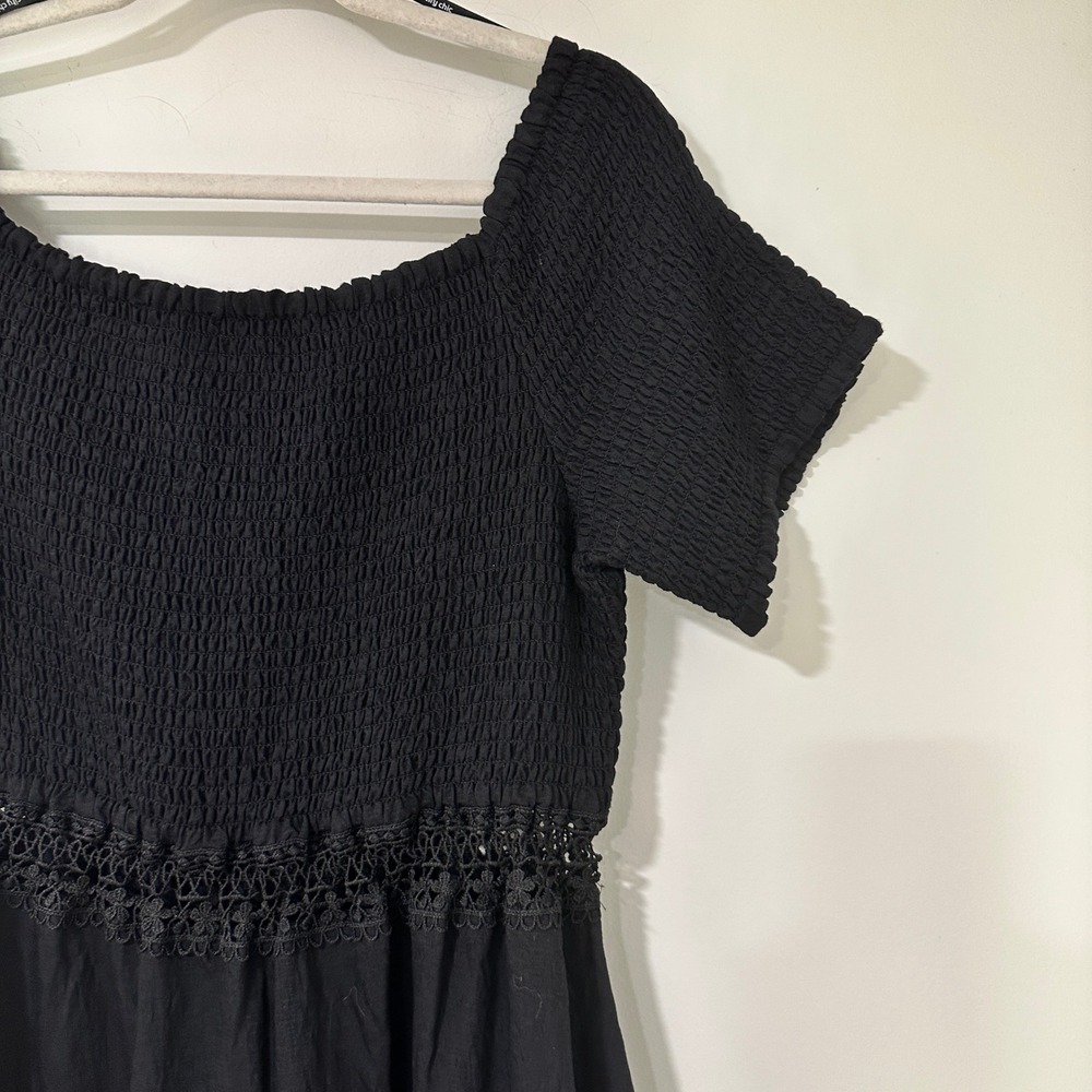 City Chic Aura Dress Womens S 16 Black Smocked Crochet Lace Mini Boho Peasant